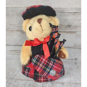 Lang Syne Musical Scottish Bagpipe Player Bear Plush Red Tartan Kilt & Hat WORKS